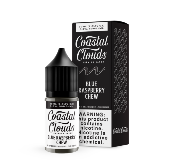 CoastalClouds_PV_2026_30ml_50mg_BlueRaspberryChew_BottleBox_Angled_Rendering_Web-Ready Coastal Clouds Salt Blue Raspberry Chew eJuice